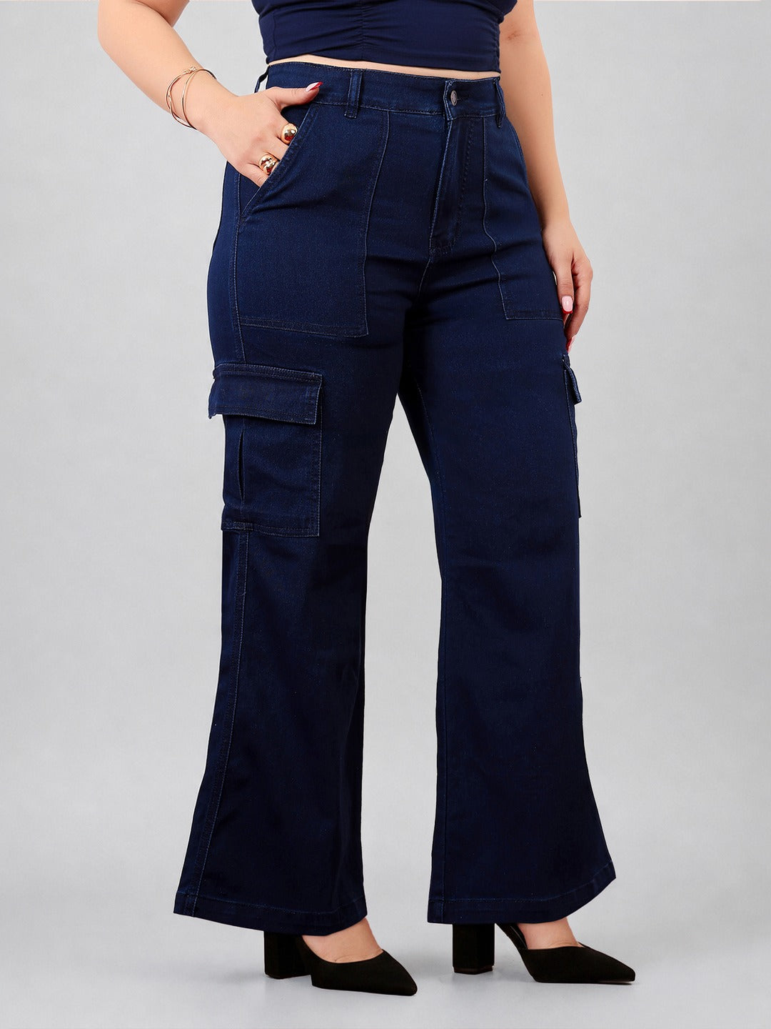 Navy Blue Wide-Leg High-Rise Stretchable Denim Cargo Jeans for Women
