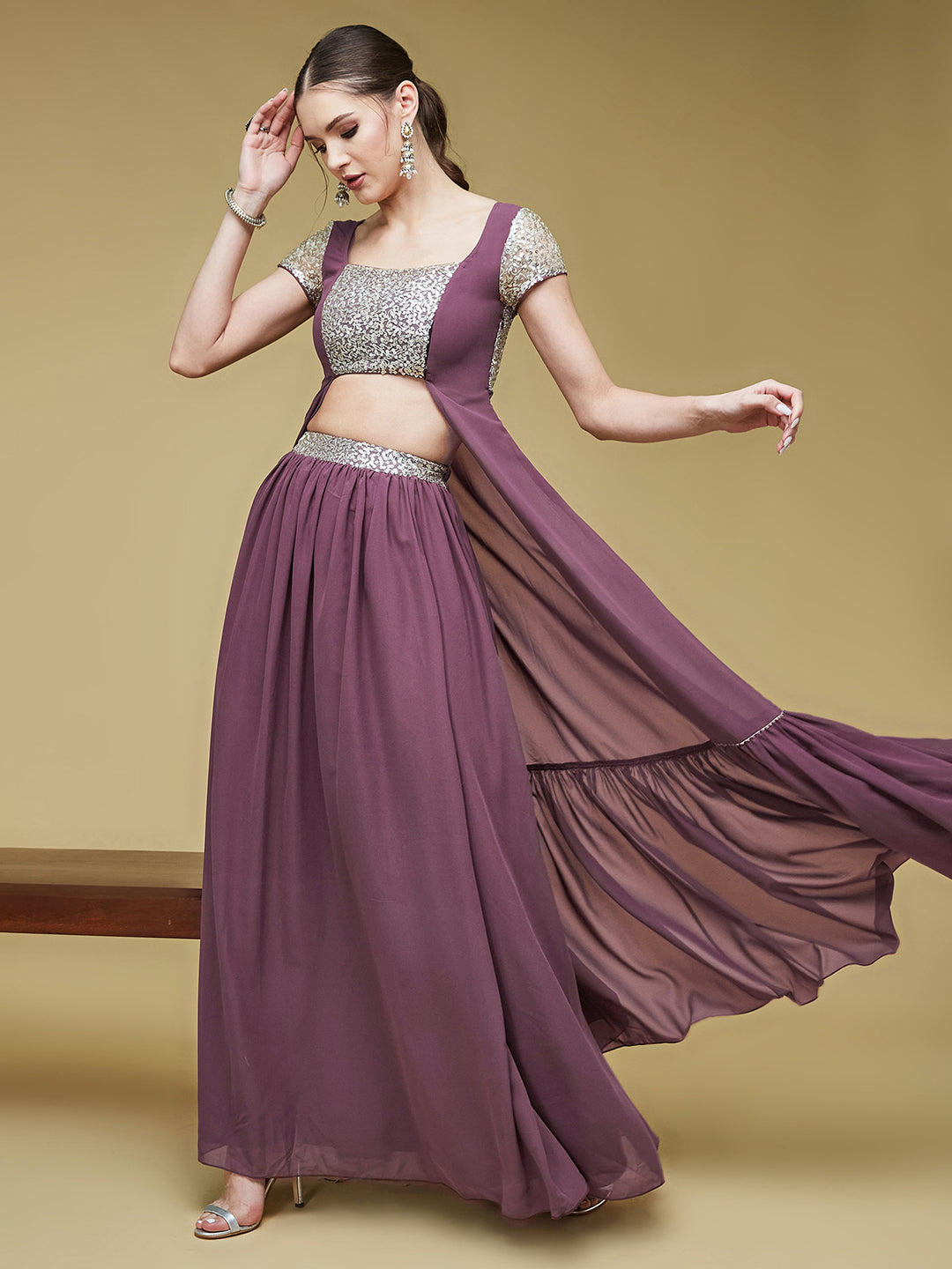 Mauve Embellished Square Neck Short Sleeves Waist Band Pocketed Tiered Maxi Co-Ord Set for Women