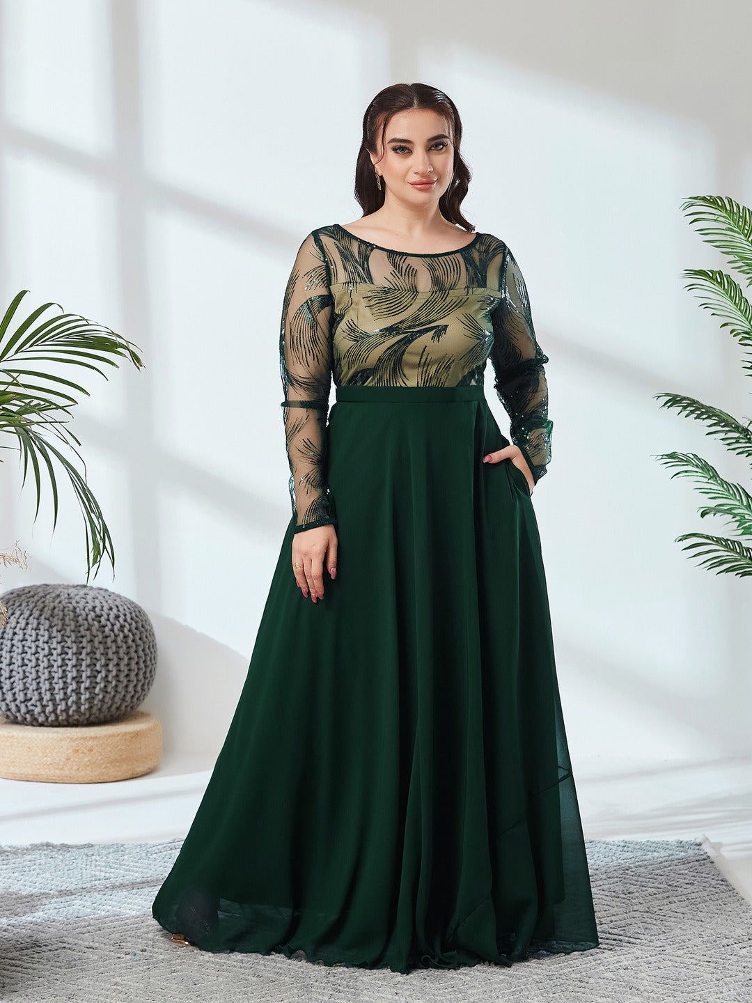 Green & Beige Solid Embellished Maxi Dress for Women