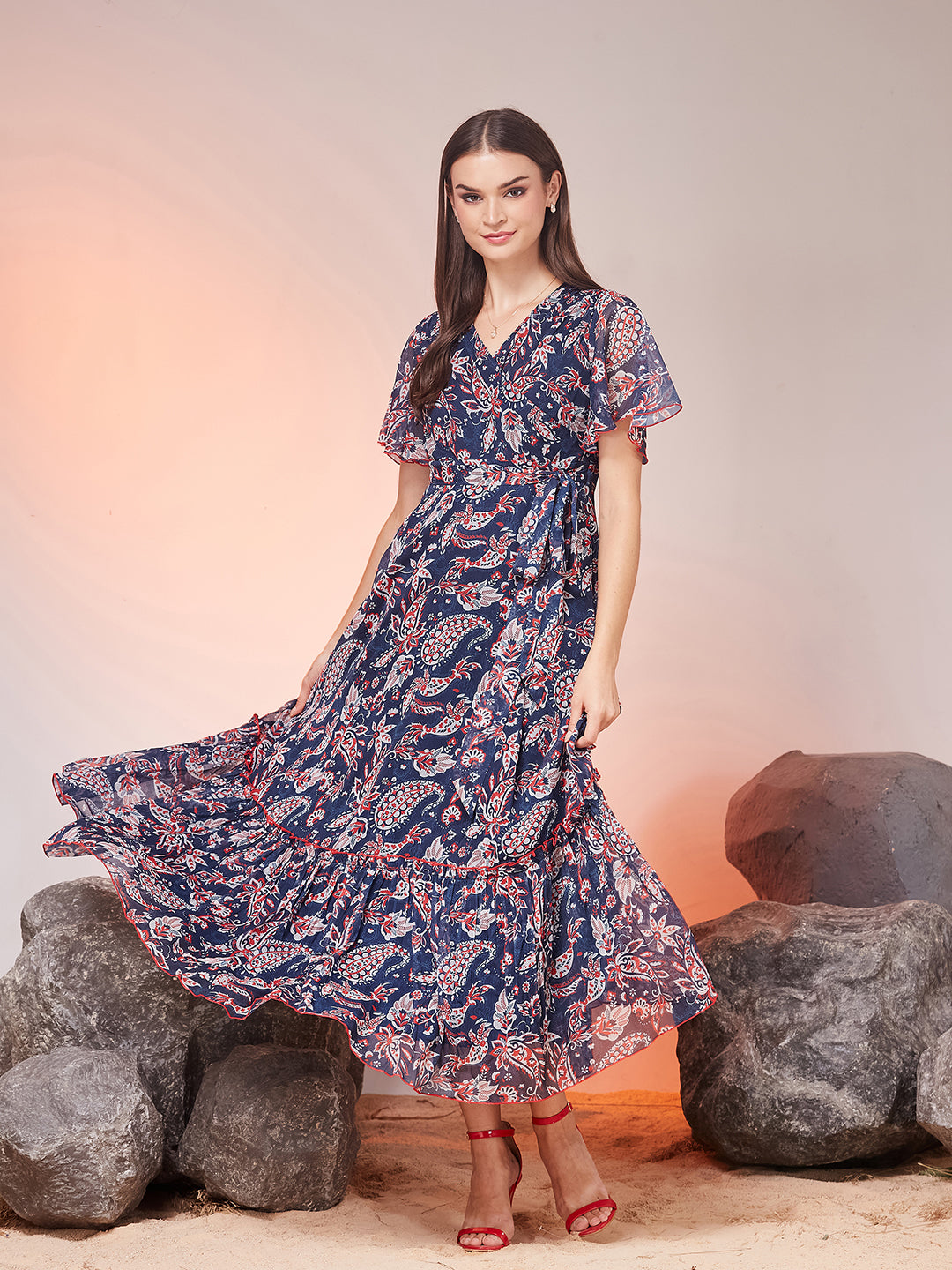 Multicolored Navy Floral Wrap Chiffon Maxi Dress with Flutter Sleeves & Frilled Hem for Women