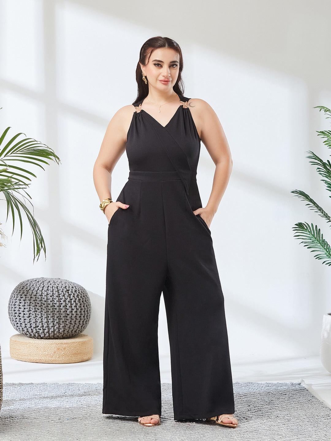 Black V-Neck Sleeveless Solid Wrap Regular Length Jumpsuit for Women
