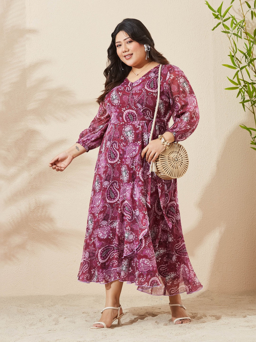 Wine Floral V-Neck 3/4 Sleeve Wrap Midi Chiffon Dress for Women