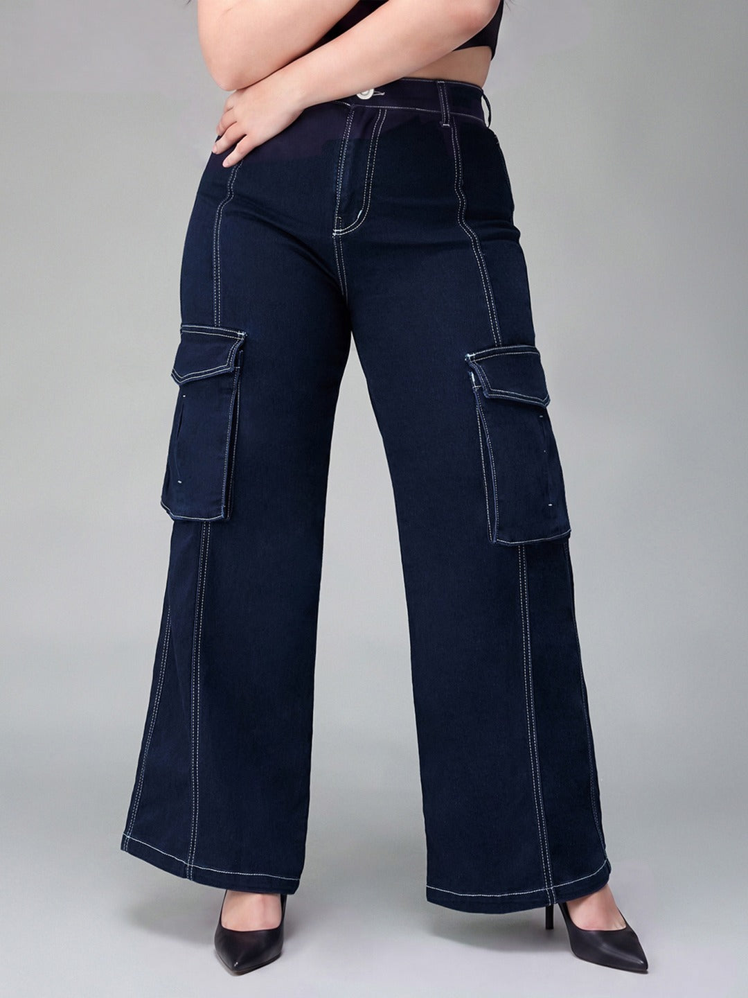 Navy Blue Wide leg High rise Regular Stretchable Denim Jeans for Women
