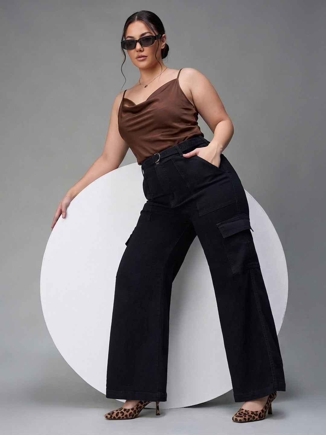 Black Wide leg High rise Regular Stretchable Denim Jeans for Women