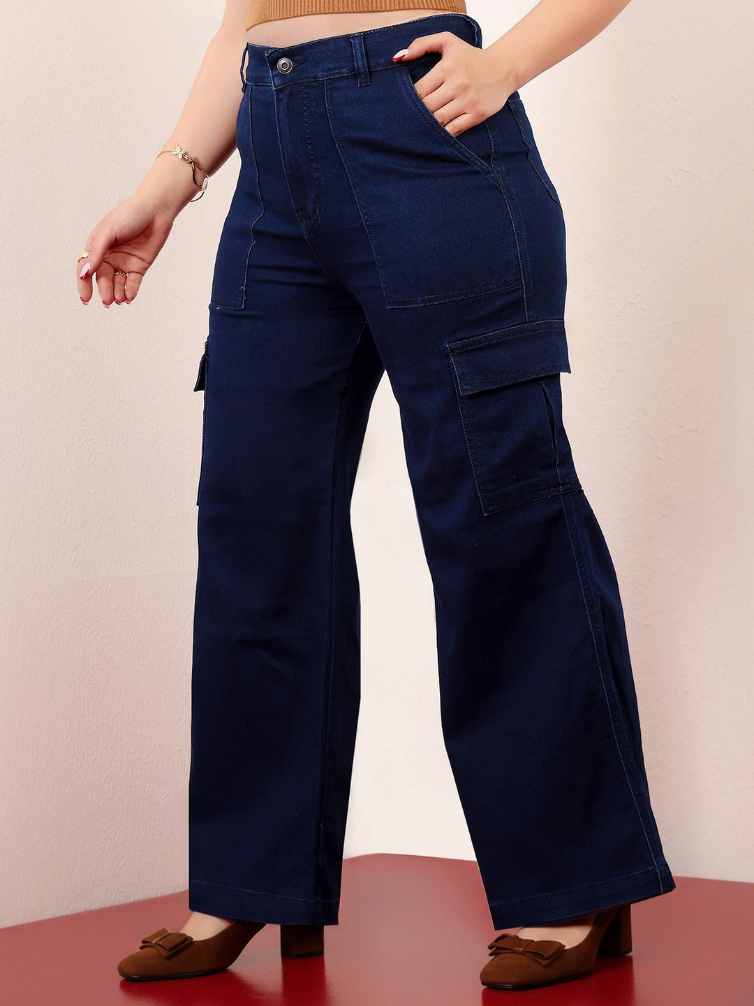Navy Blue Wide-Leg High-Rise Stretchable Denim Cargo Jeans for Women