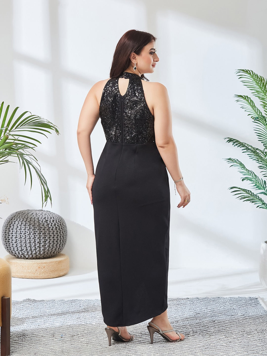 Black Halter Neck Sleeveless Solid Embellished Midi Dress for Women