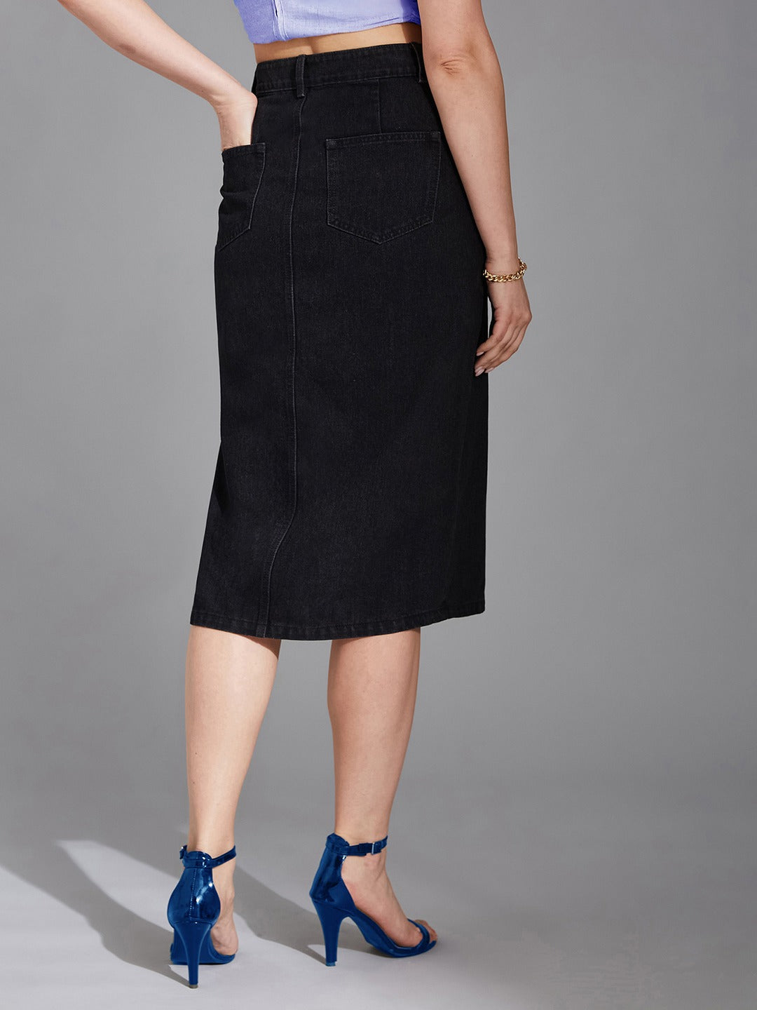 Black Straight-Fit High-Rise Stretchable Denim Midi Skirt for Women