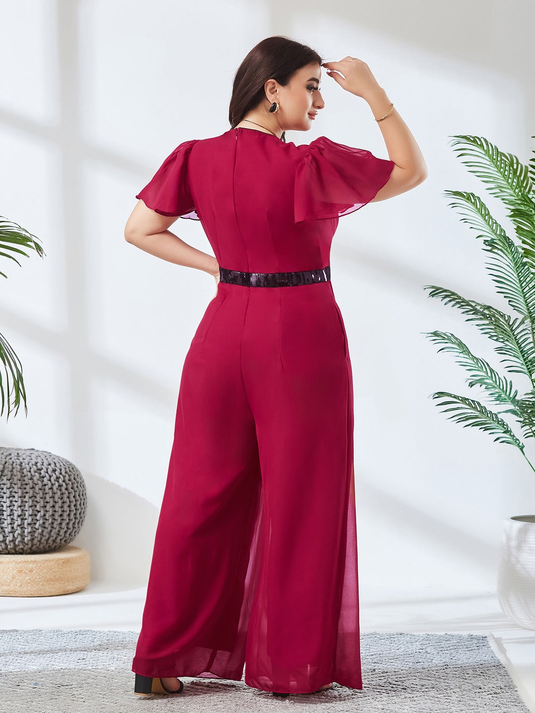 Pink Solid Relaxed Fit Short Sleeve V-Neck Ankle-Length Straight Jumpsuit  for Women
