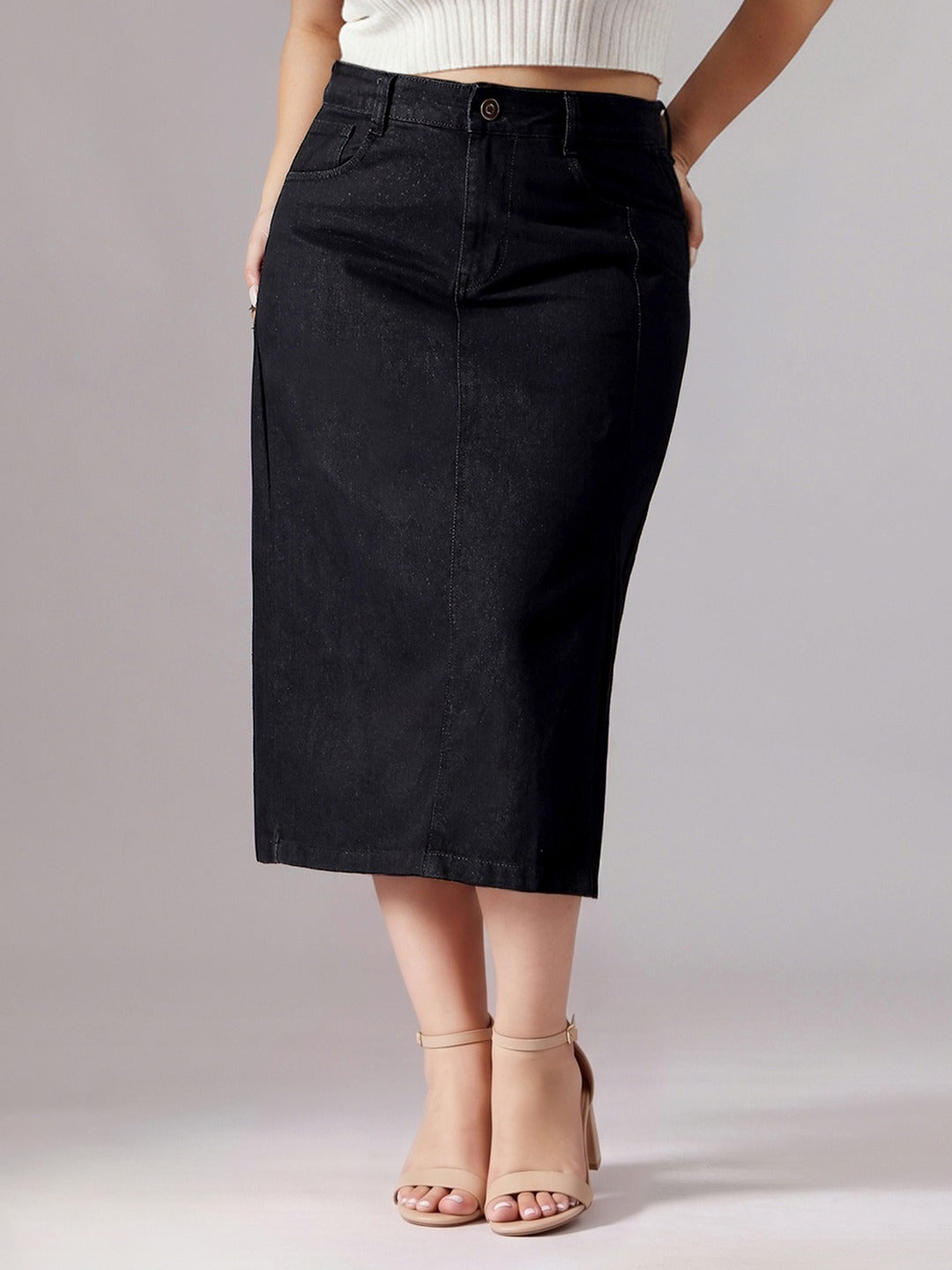 Black Straight-Fit High-Rise Stretchable Denim Midi Skirt for Women