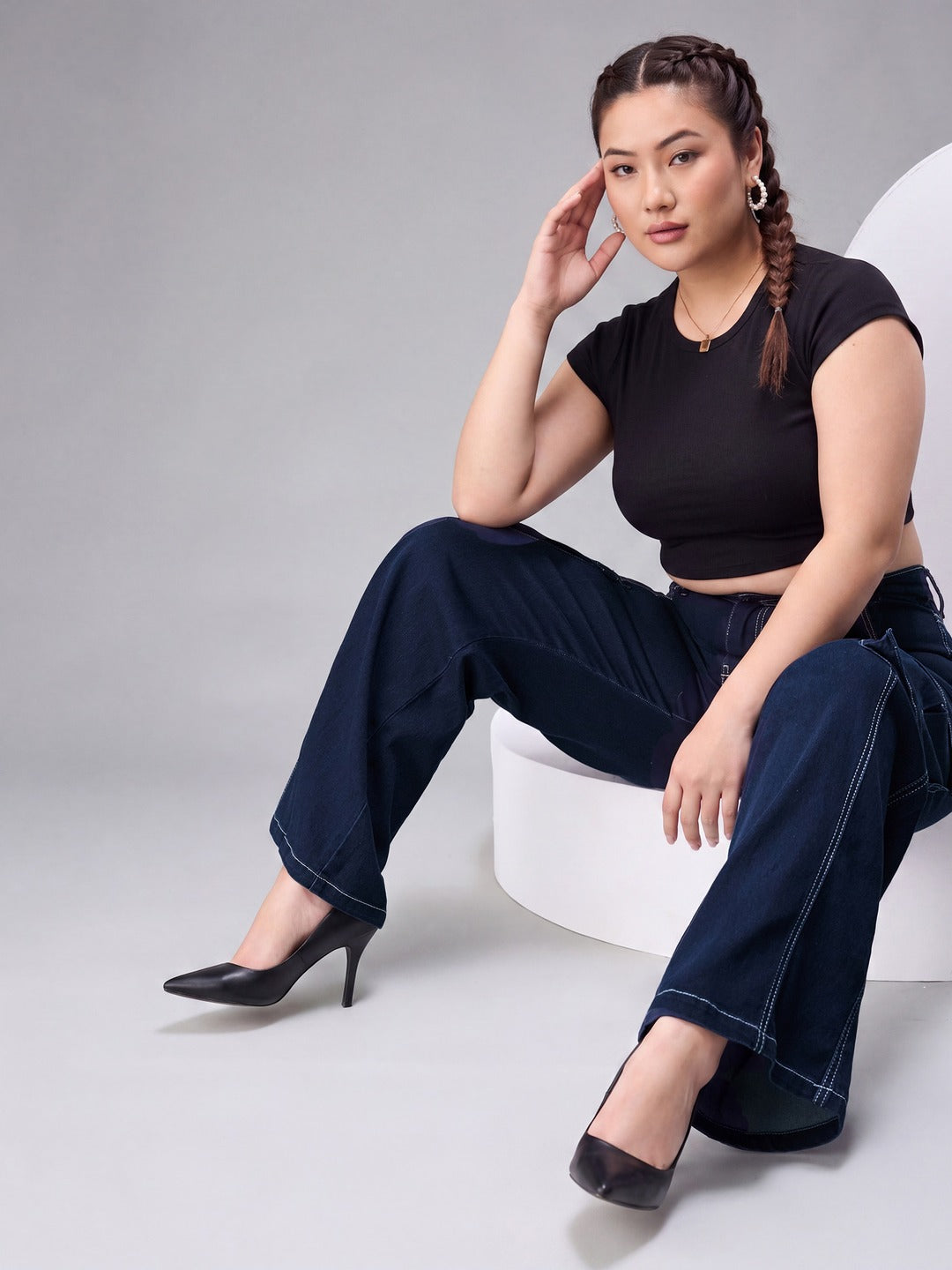 Navy Blue Wide leg High rise Regular Stretchable Denim Jeans for Women