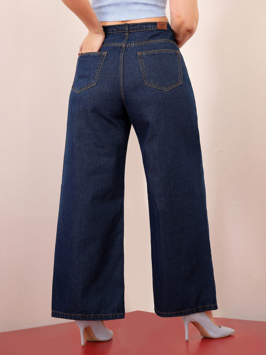 Navy Blue Wide-Leg High-Rise Non-stretchable Denim Jeans for Women