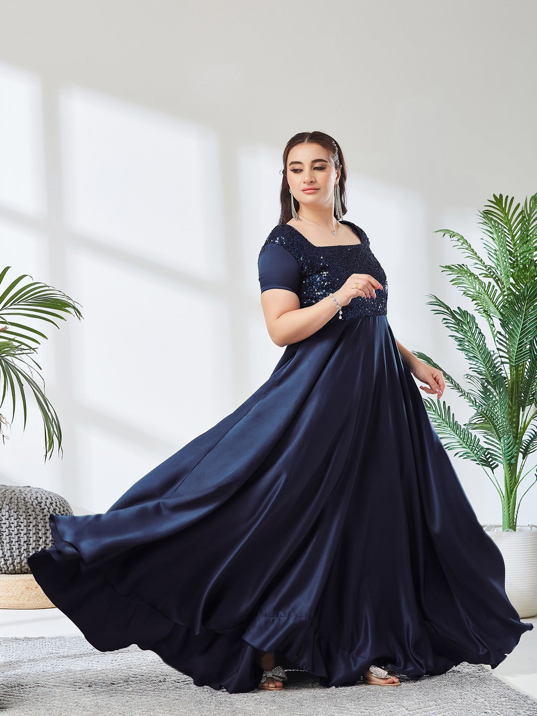 Navy Blue Square Neck Short Sleeve Embellished Polyester Fit & Flare Maxi Dress for Women