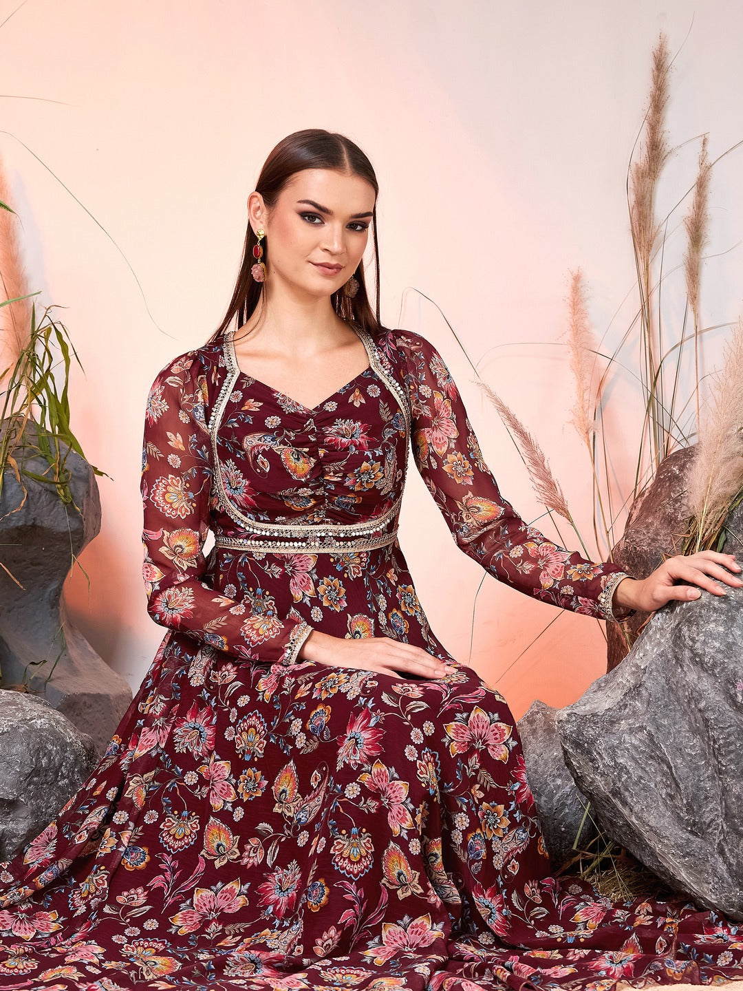 Burgundy Sweetheart Neck Bishop Floral Ruched Maxi Chiffon Ethnic Dress for Women