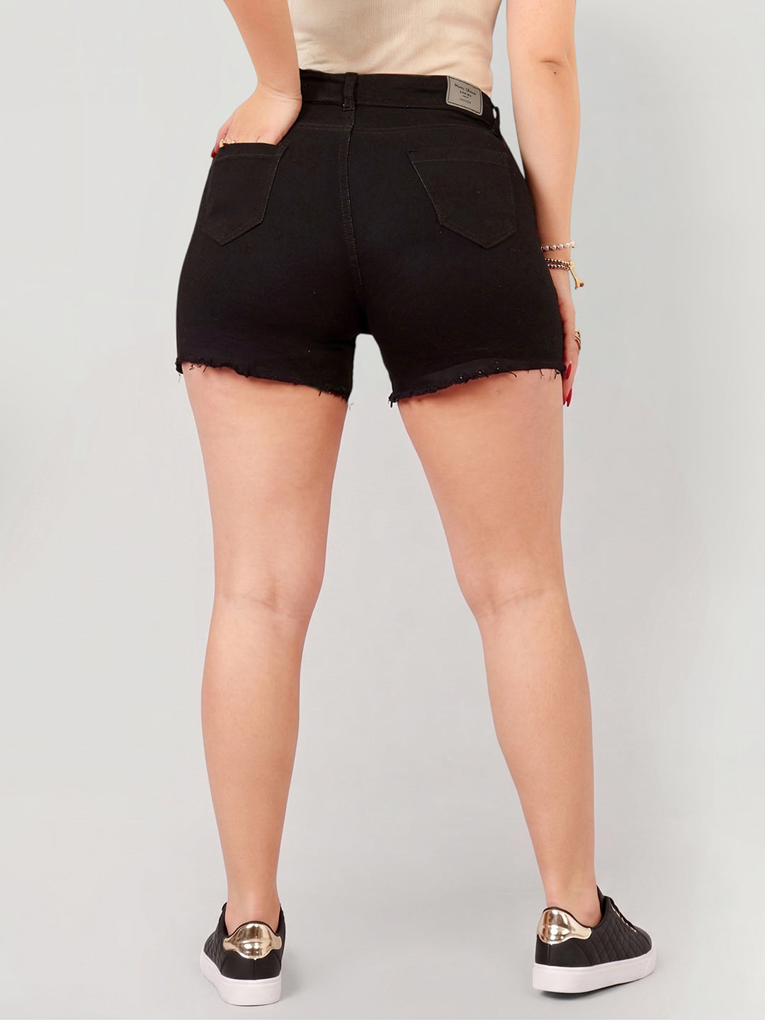 Black Relaxed Fit High-Rise Stretchable Denim Shorts for Women
