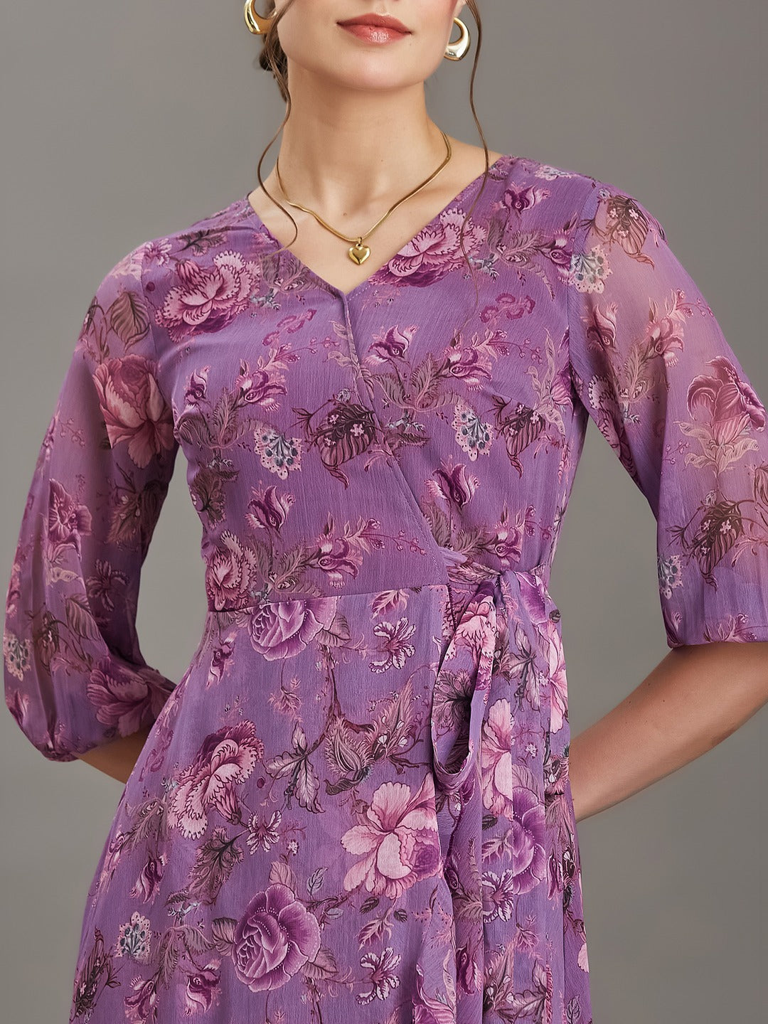 Multicolored Lavender Floral V-Neck 3/4 Sleeve Wrap Chiffon Midi Dress for Women