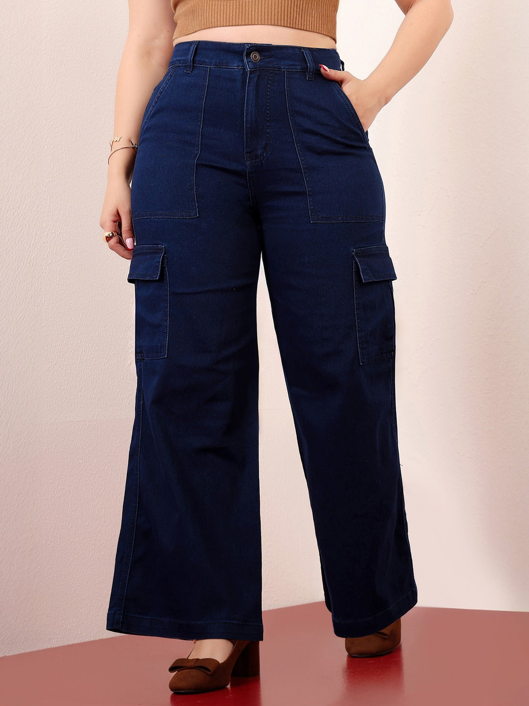 Navy Blue Wide-Leg High-Rise Stretchable Denim Cargo Jeans for Women