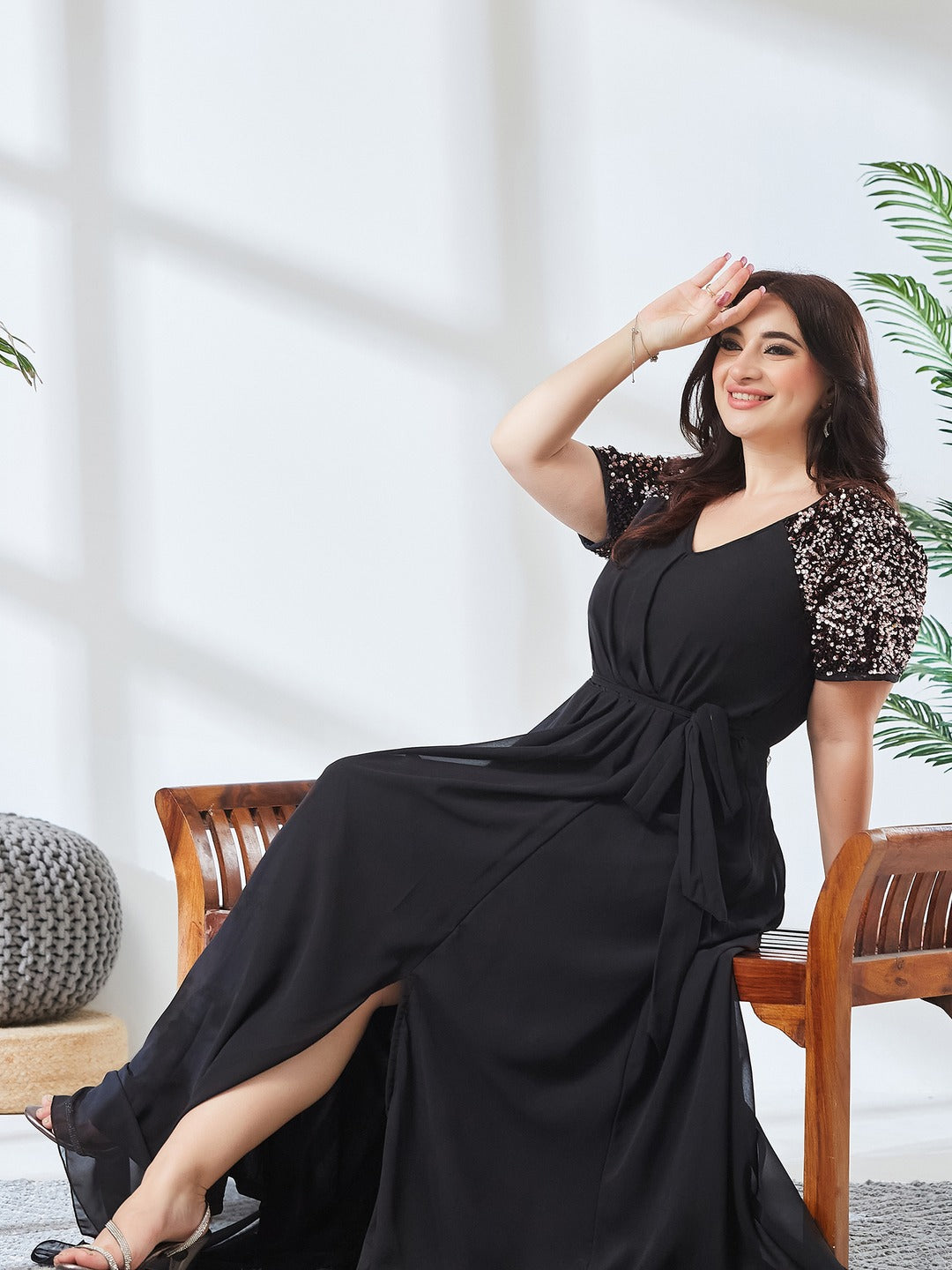 Black V-Neck Raglan Embellished Wrap & Tie-up Maxi Dress for Women