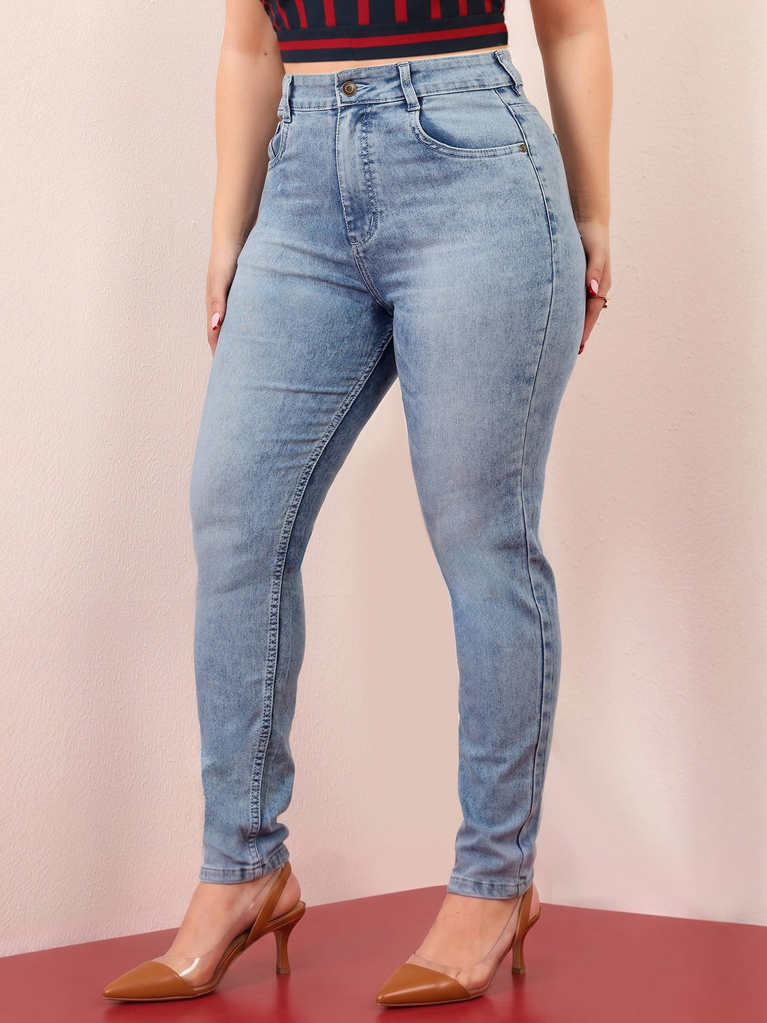 Light Blue Slim Fit High Rise Light Wash Denim Stretchable Jeans for Women