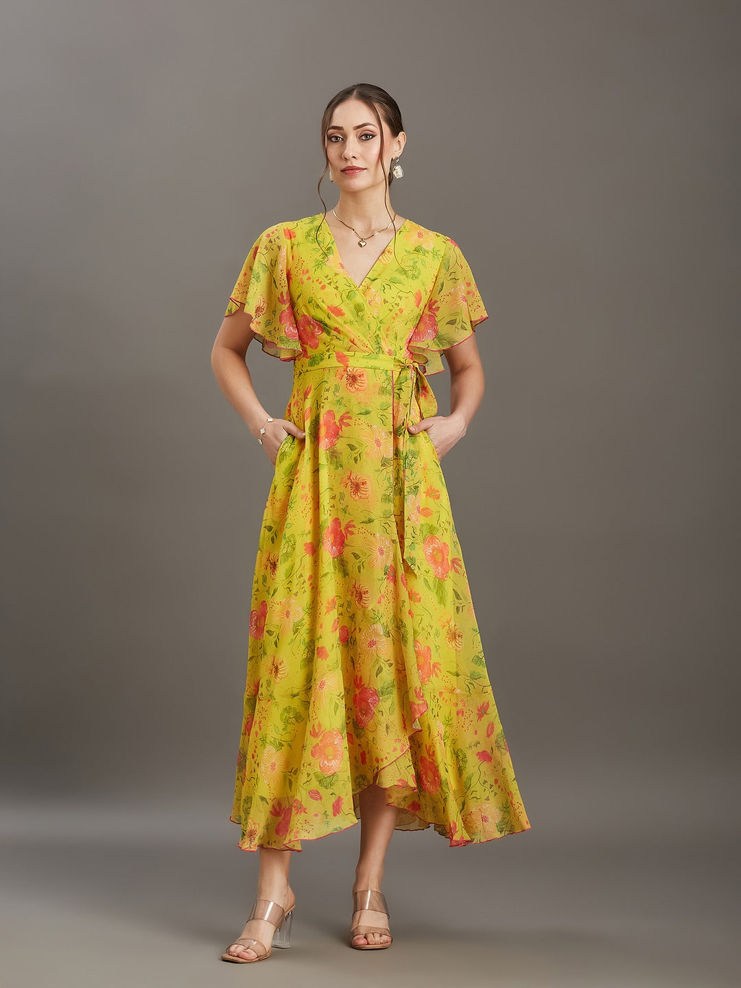 Acid Yellow V-Neck Flared Floral Overlap/Tie-Up Maxi Chiffon Dress for Women