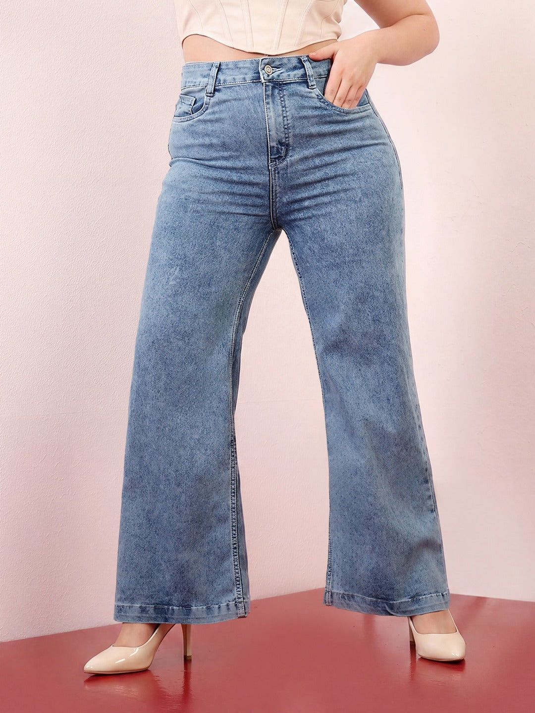 Light Blue Wide-Leg High Rise Regular Stretchable Denim Jeans for Women