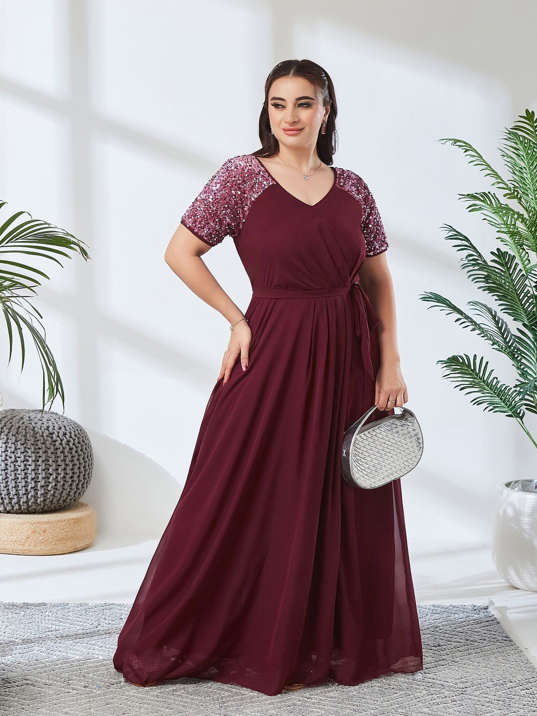 Wine Relaxed Fit Maxi Georgette Dress for Women