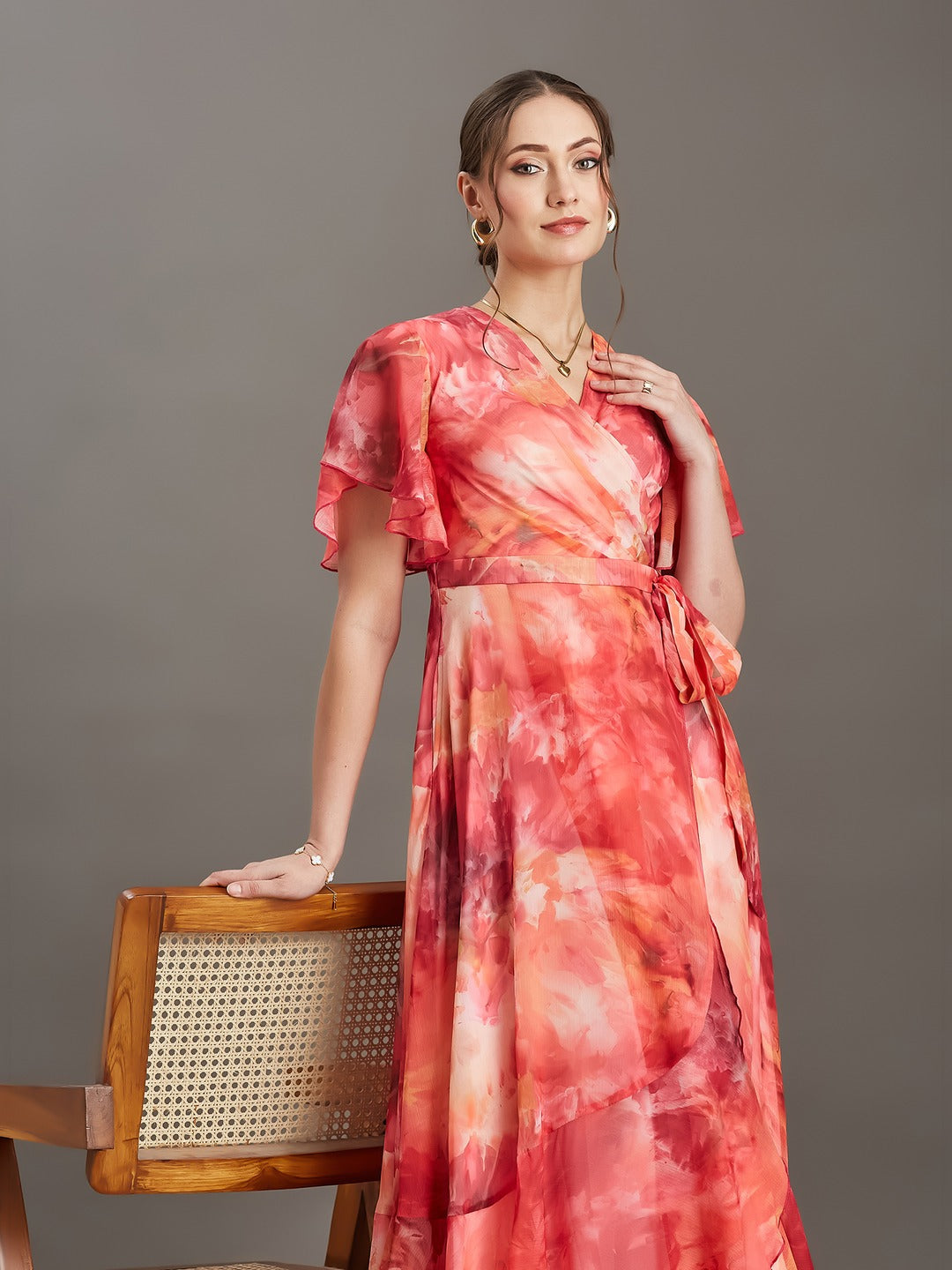 Flame Orange And Pink V-Neck Flared Abstract Overlap/Tie-Up Maxi Chiffon Dress for Women