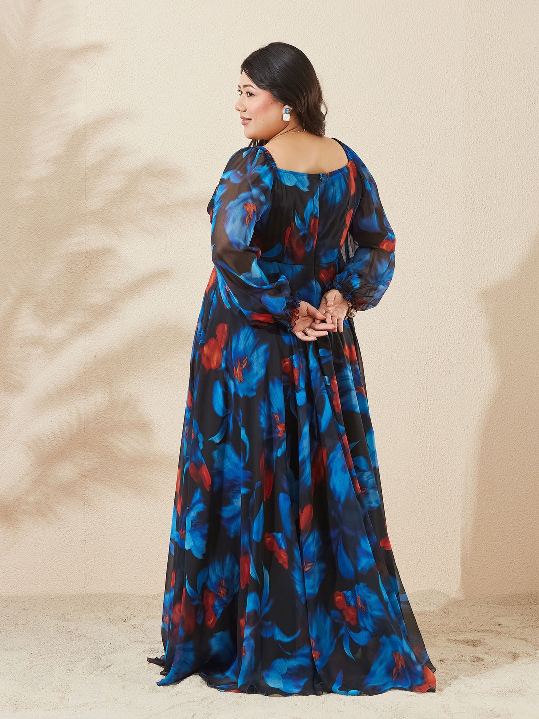 Black V-Neck Puff Floral Overlap/ Tiered Maxi Chiffon Ethnic Dress for Women