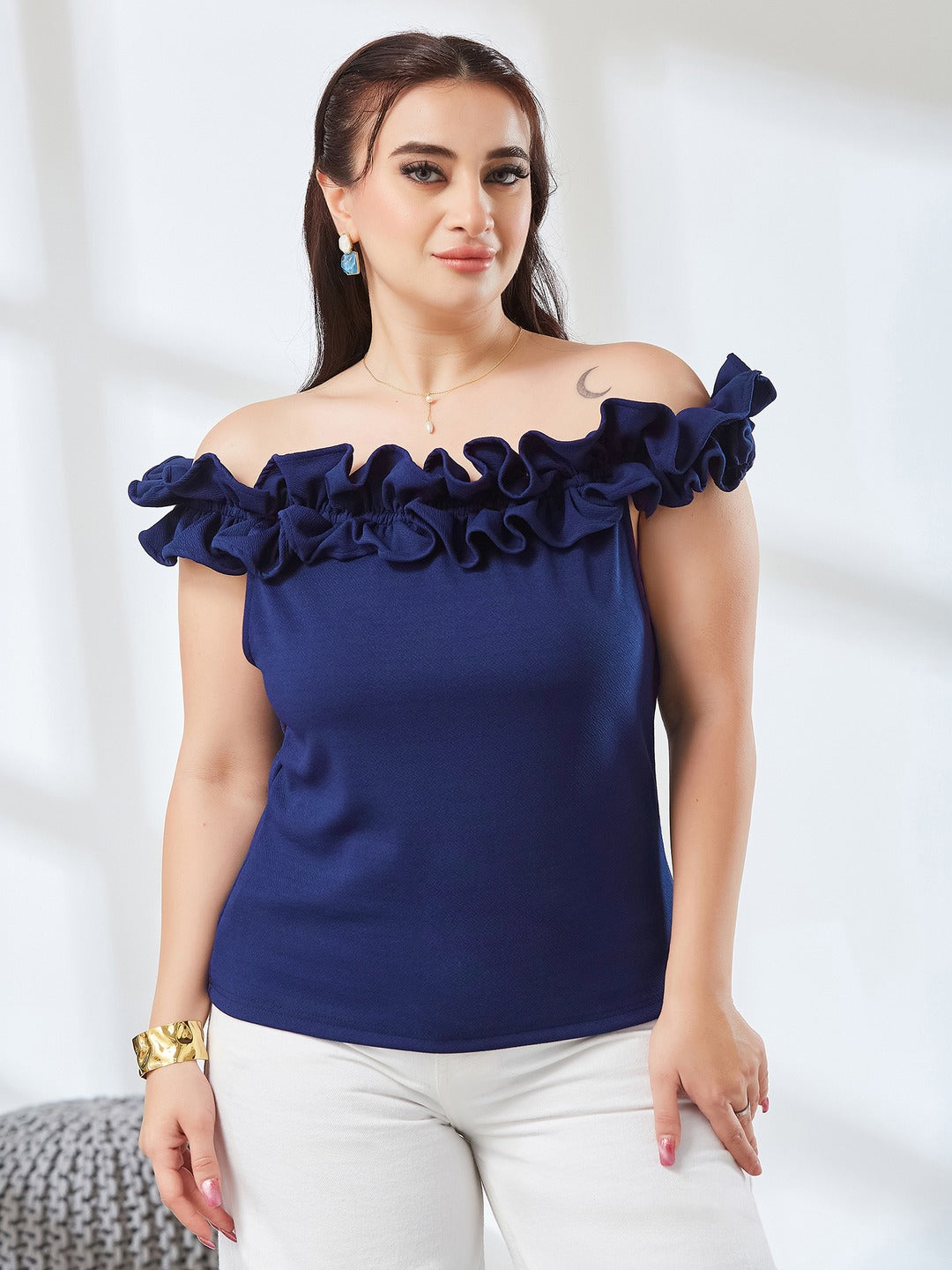 Navy Blue Off Shoulder Sleeveless Solid Ruffled Frilled Gathered Bardot Top for Women