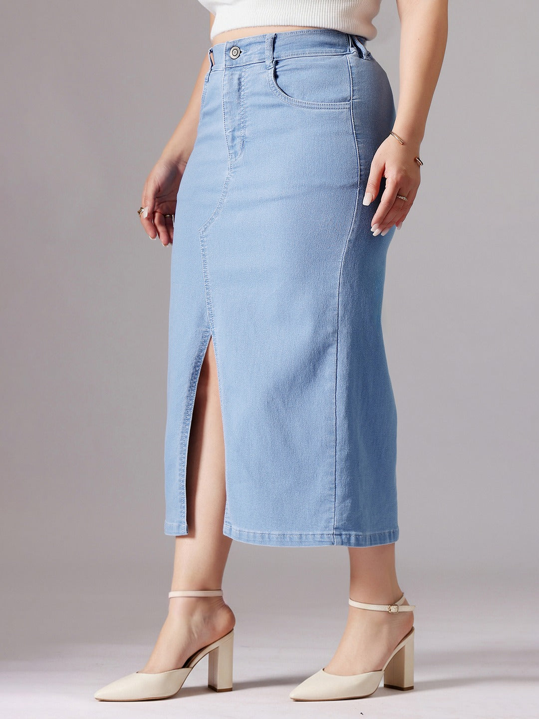 Light Blue Straight Fit High Rise Stretchable Denim Midi Skirt for Women