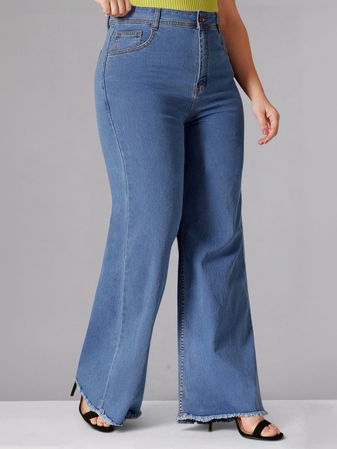 Mid Blue Wide-Leg High-Rise Stretchable Denim Jeans for Women