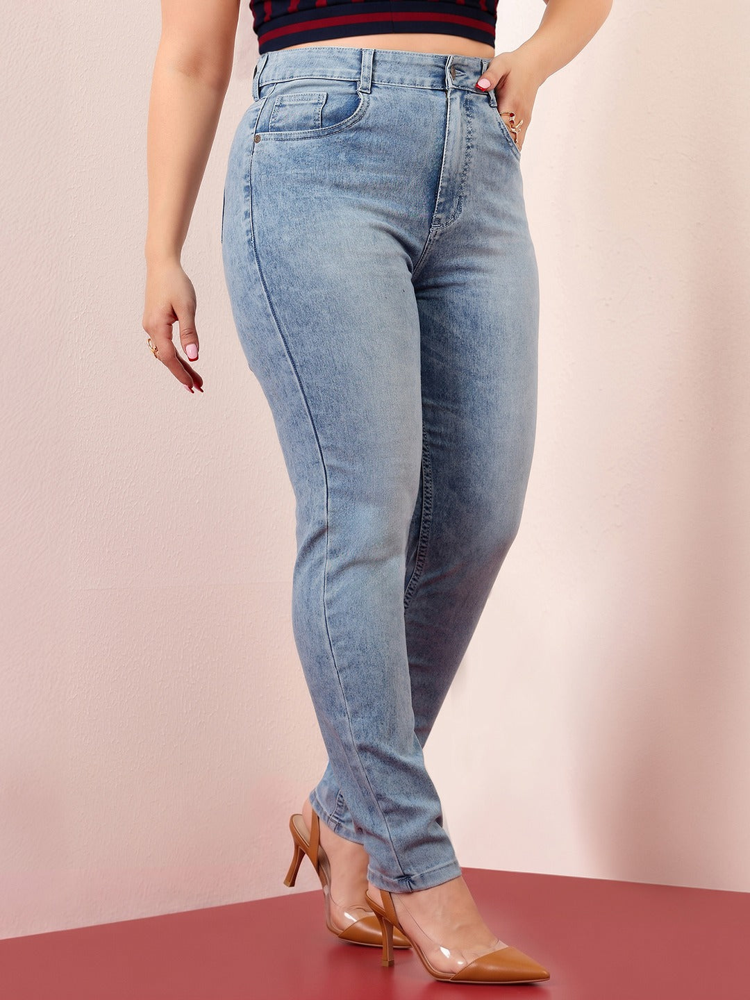 Light Blue Slim Fit High Rise Light Wash Denim Stretchable Jeans for Women