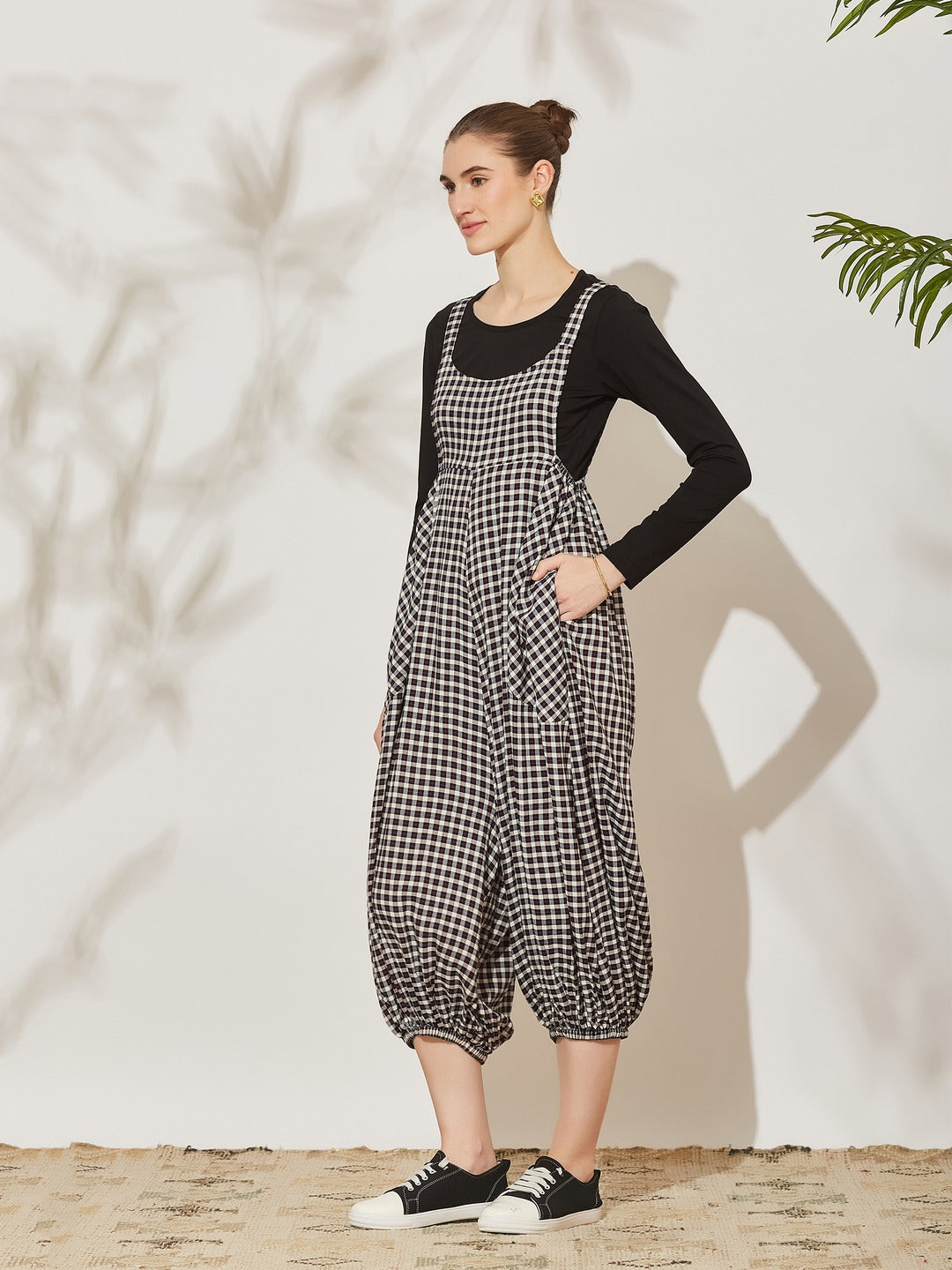 Black Round Neck Full Sleeve Checkered Harem Dungaree Regular Viscose Rayon Dungaree Co-Ord Set for Women