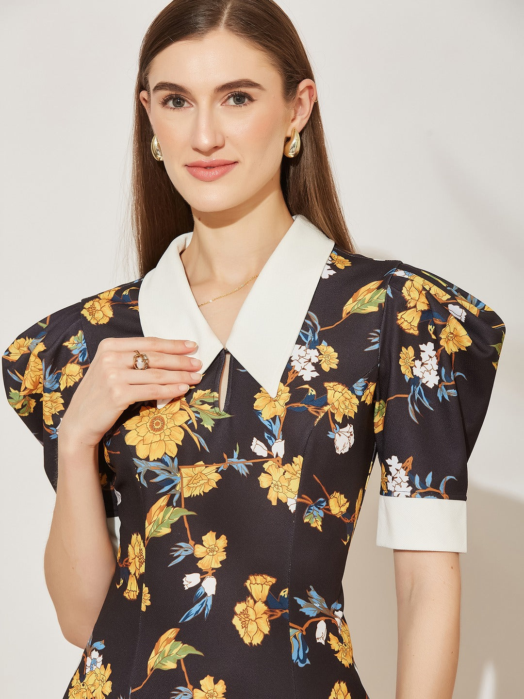 Black Collared Half Sleeve Floral Shift Knee-Long Polyester Dress for Women