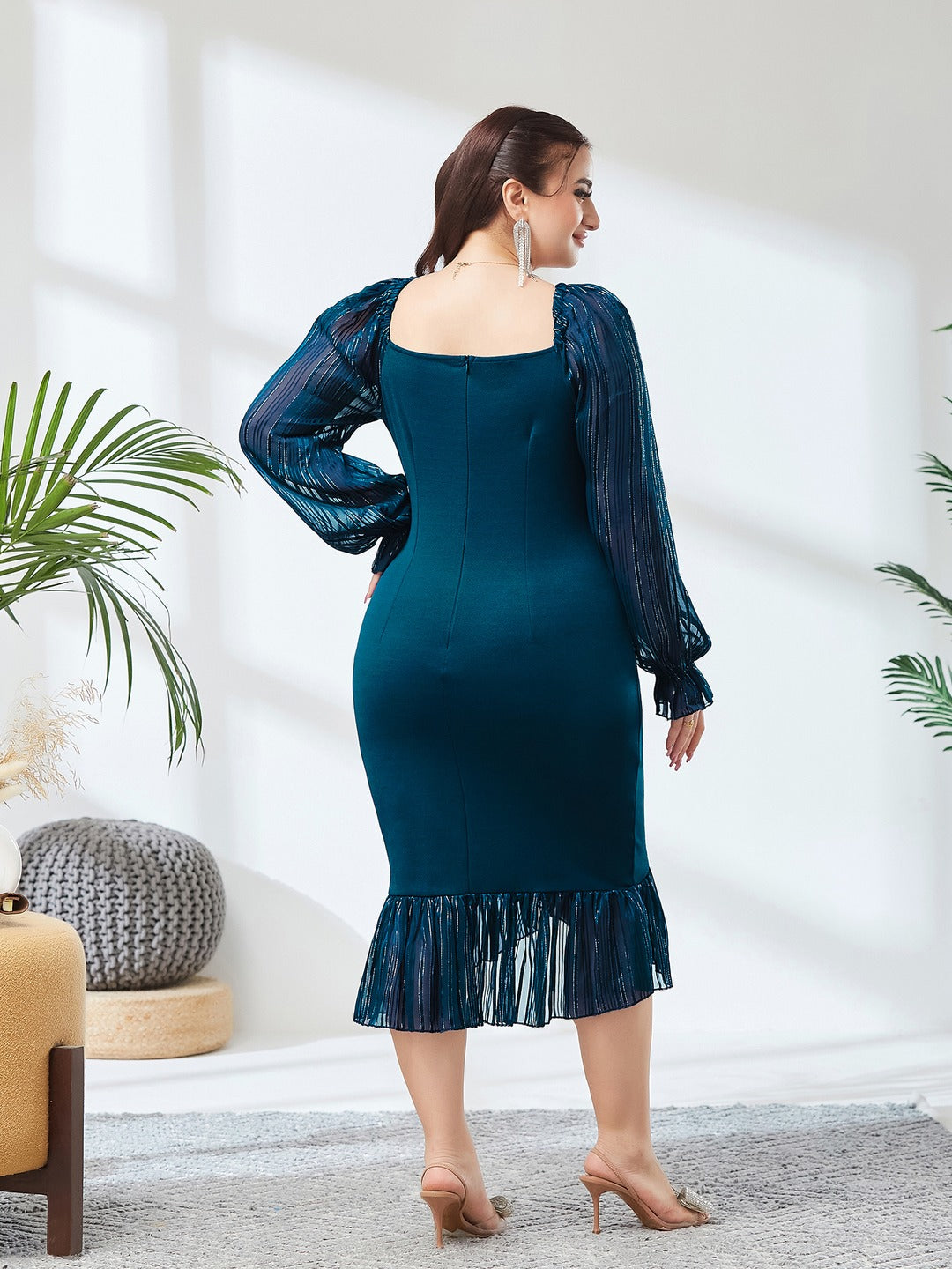 Teal Square-Neck Short-Sleeve Solid Ruching Polyester Midi Dress for Women