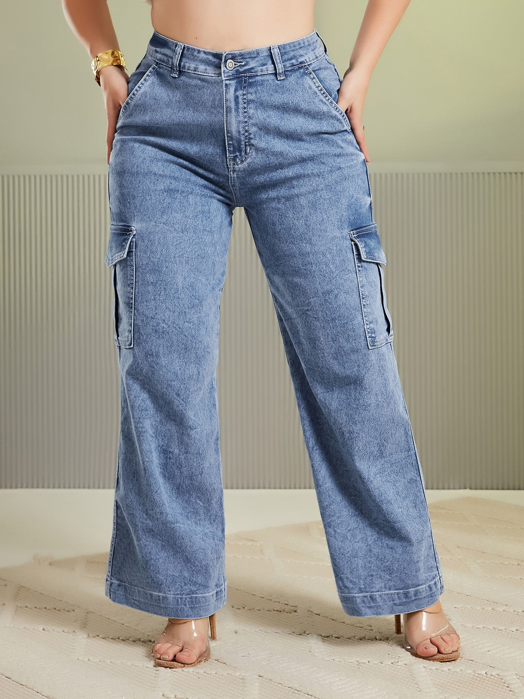 Mid Blue Wide-Leg High-Rise Stretchable Denim Jeans for Women