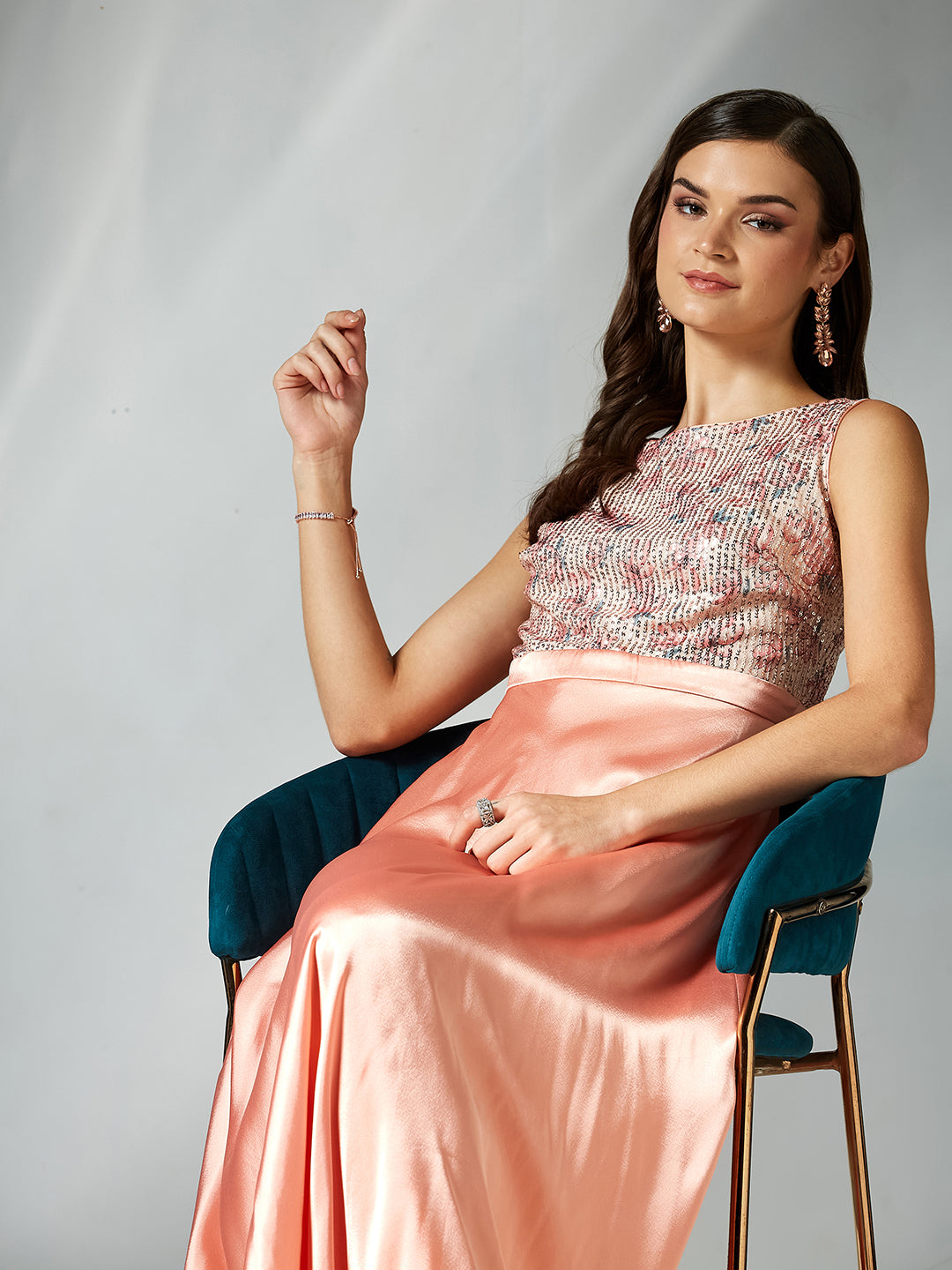 Peach Boat Neck Sleeveless Embellished Fit & Flare Maxi Polyester Dress for Women