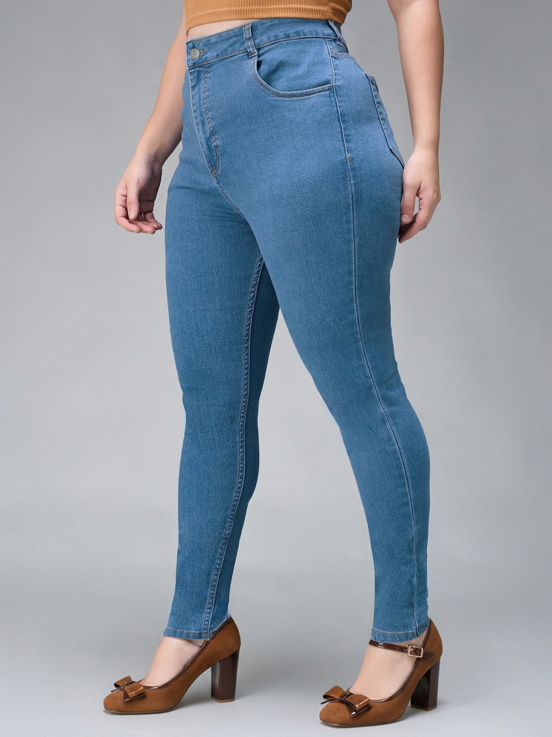 Blue Solid Skinny High Rise Cropped Fringe Detailing Solid Stretchable Denim Jeans for Women