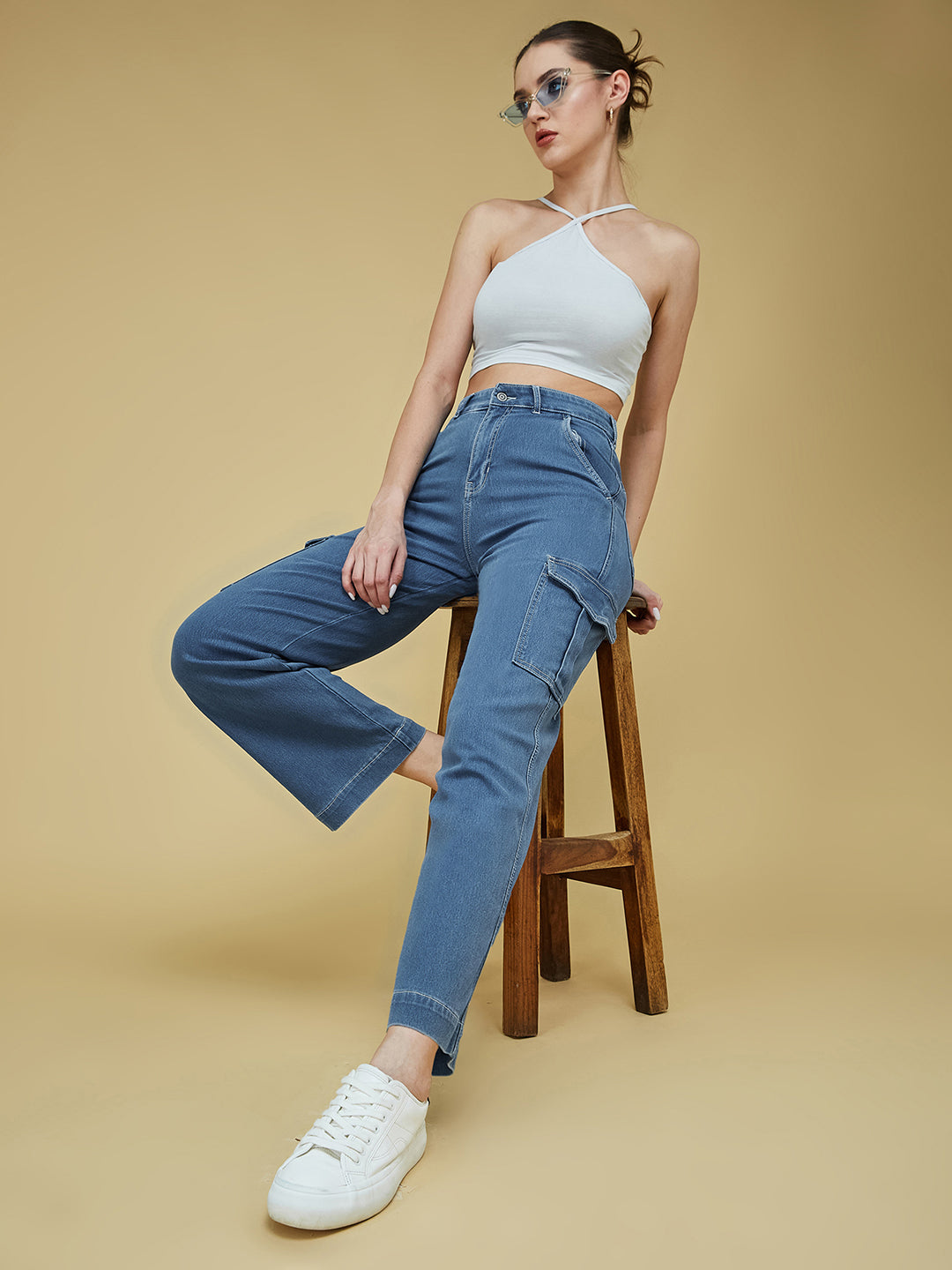 Blue Wide leg High-Rise Stretchable Denim Jeans for Women