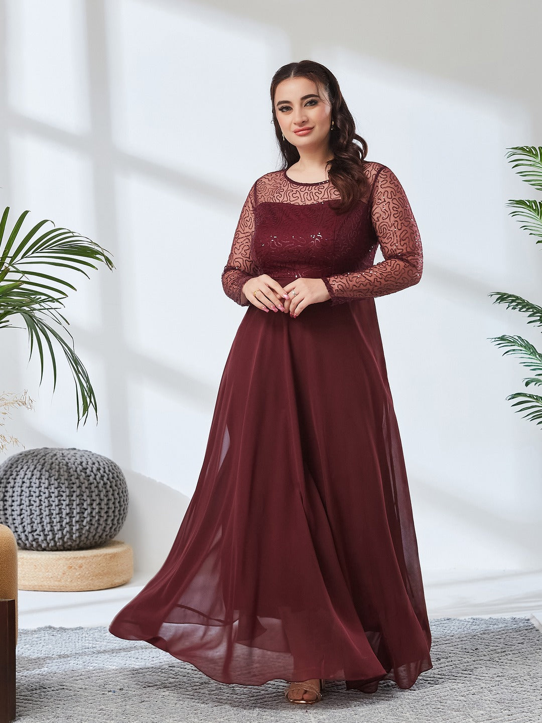 Wine Solid Embellished Maxi Dress for Women