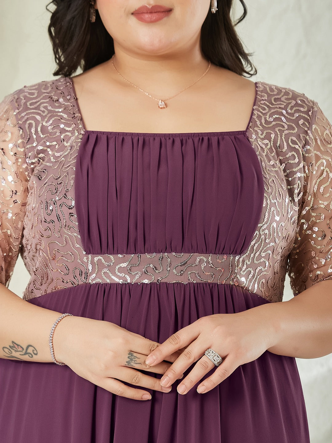 Mauve Square Neck Half Sleeve Solid Embellished Georgette Maxi Dress for Women