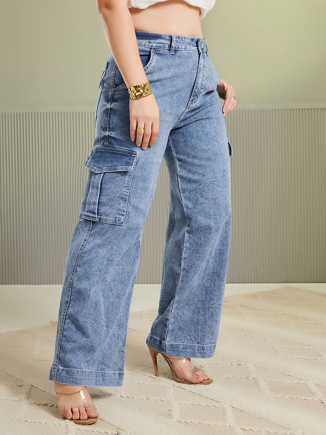 Mid Blue Wide-Leg High-Rise Stretchable Denim Jeans for Women