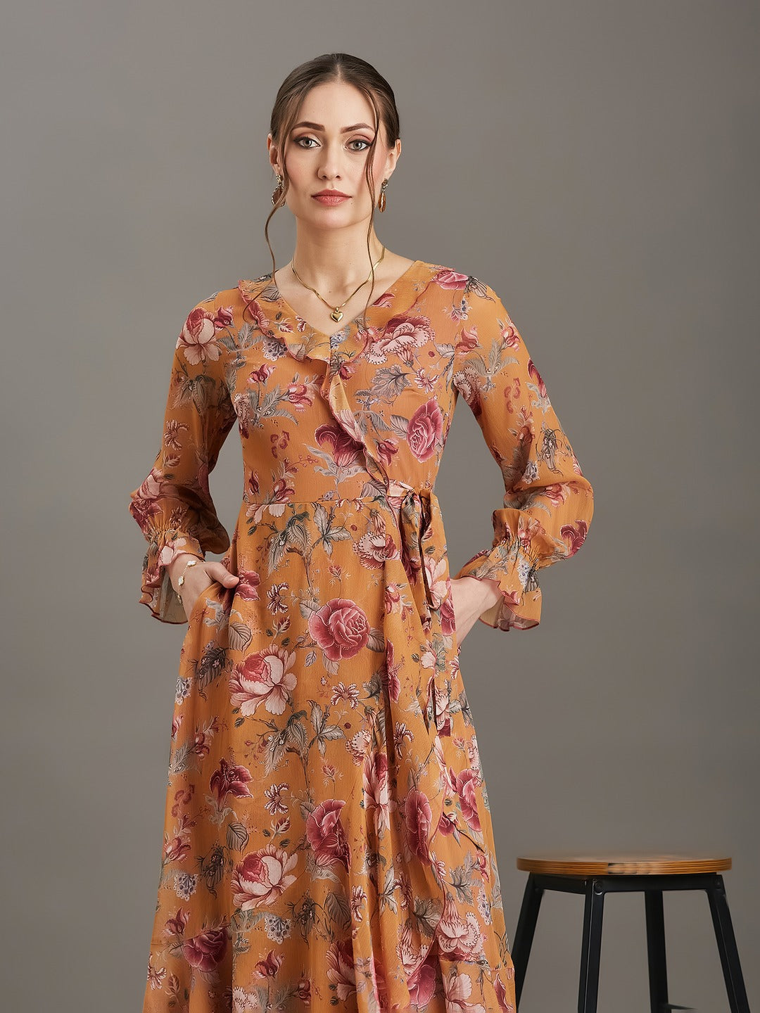 Multicolored Mustard Bohemian Ruffled Tie-Up Midi Chiffon Dress for Women