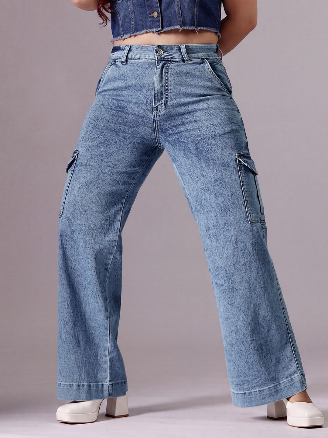 Light Blue Wide-Leg High-Rise Stretchable Flared Cargo Style Denim Jeans for Women