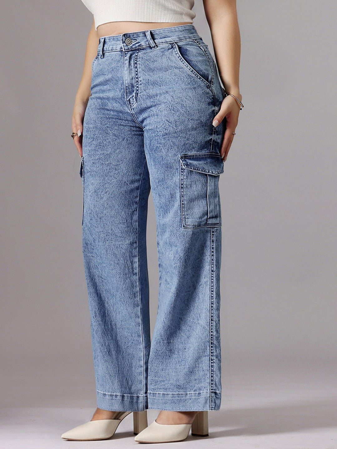 Light Blue Wide-Leg High-Rise Stretchable Flared Cargo Style Denim Jeans for Women