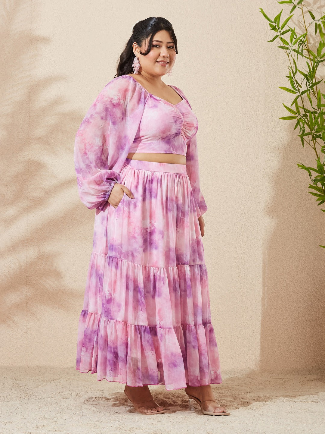 Pink and Lavender Sweetheart Neck Bishop Sleeve Floral Fit & Flare Maxi Chiffon Co-Ord Set for Women