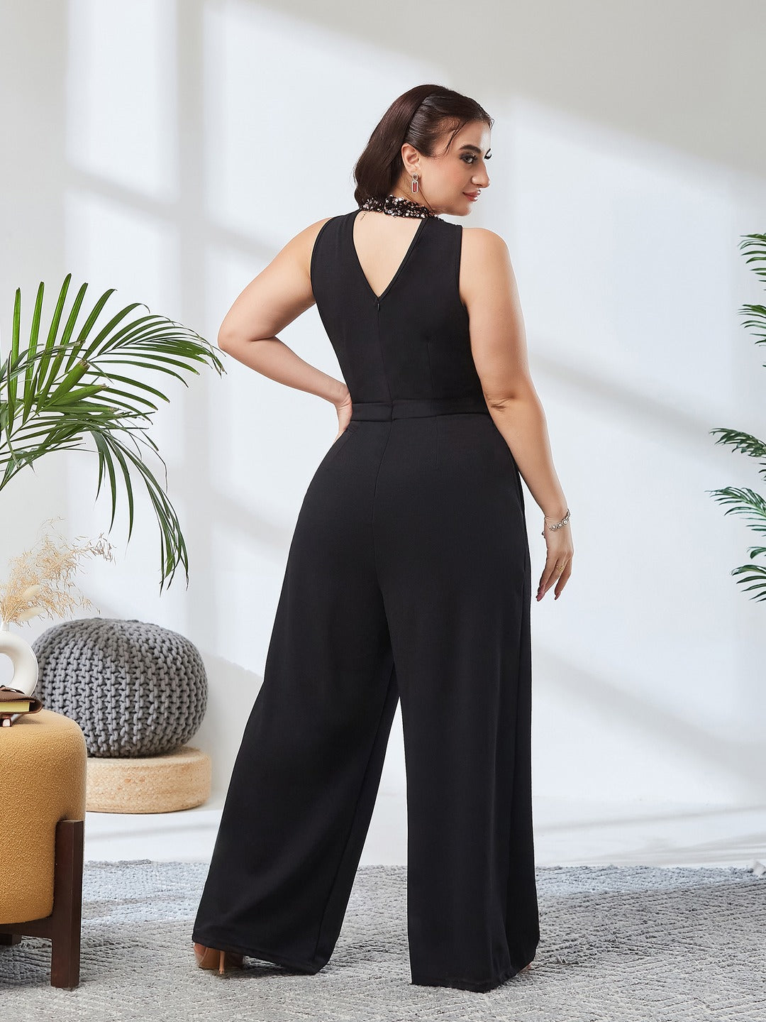 Black & Lavender Embellished Regular Jumpsuit for Women