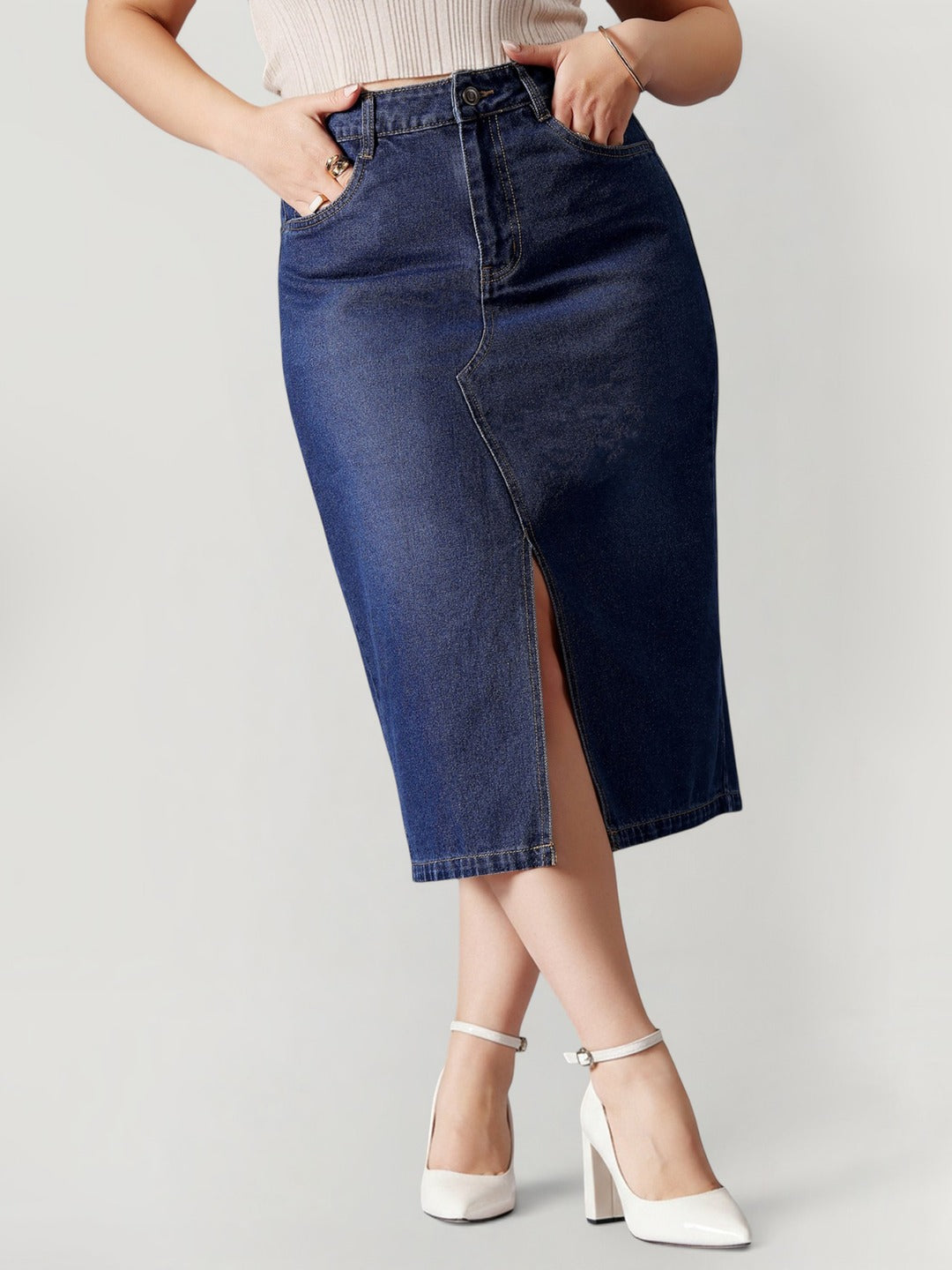 Dark Blue A-Line High-Rise Non-stretchable Denim Midi Skirt for Women