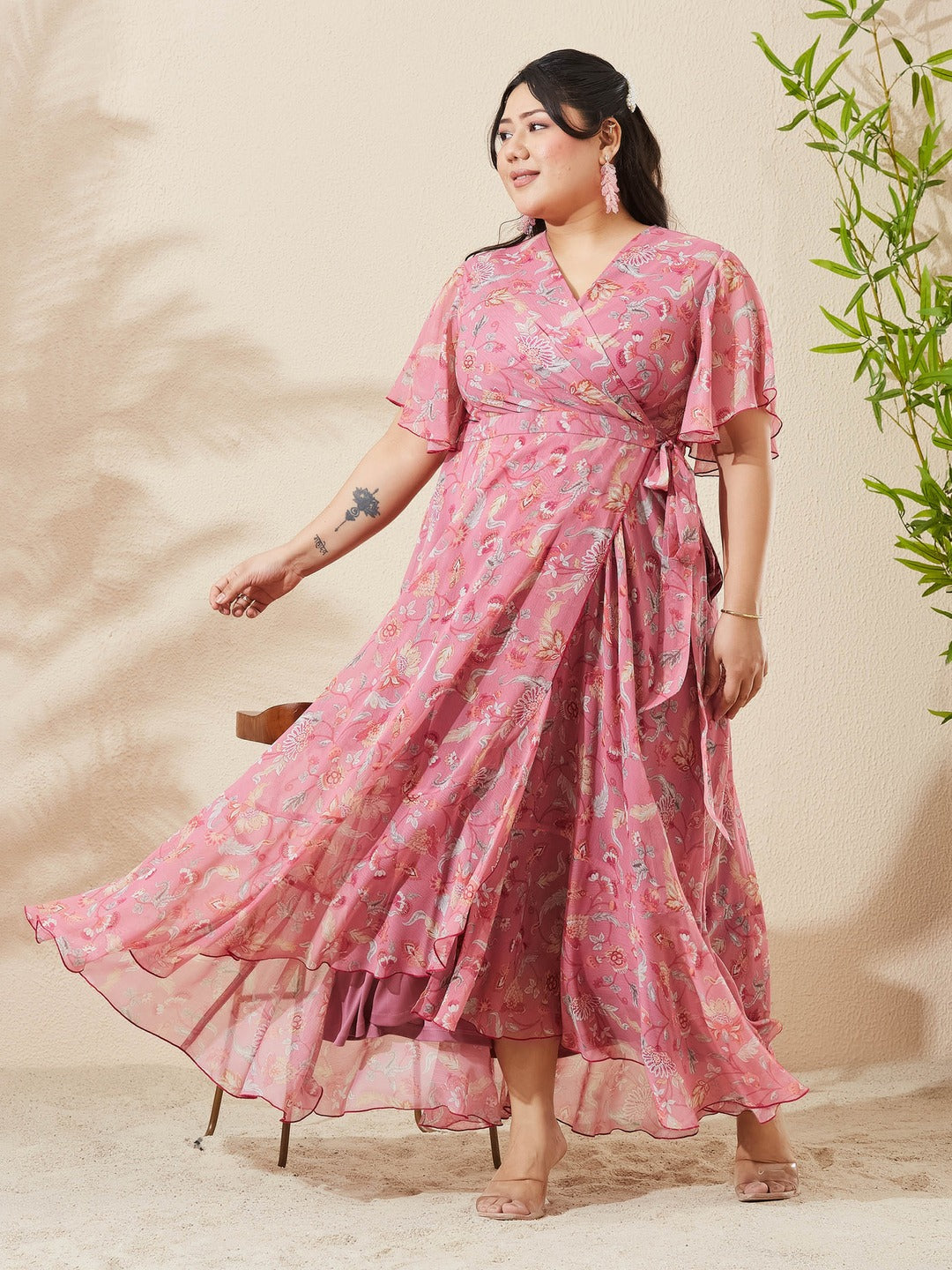 Desert Pink V-Neck Flared Floral Overlap Tie-Up Maxi Chiffon Dress for Women