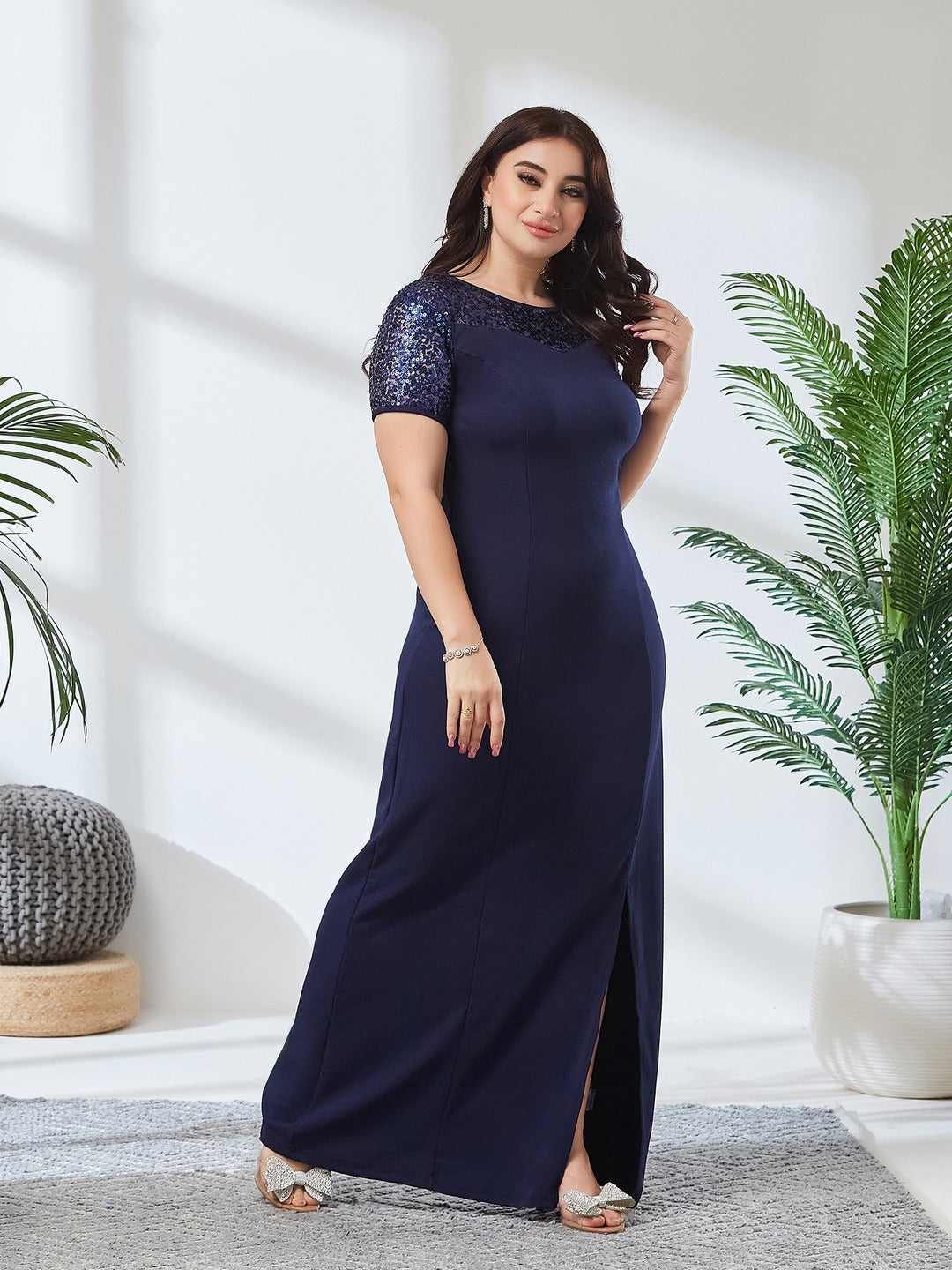 Navy Blue Round Neck Cap Sleeves Sequin Paneled Solid Bodycon Maxi Dress for Women