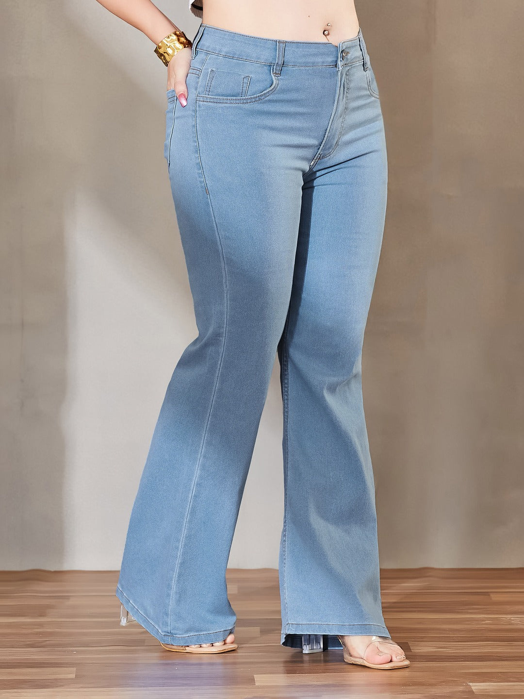 Light Blue Bootcut High rise Regular Stretchable Denim Jeans for Women